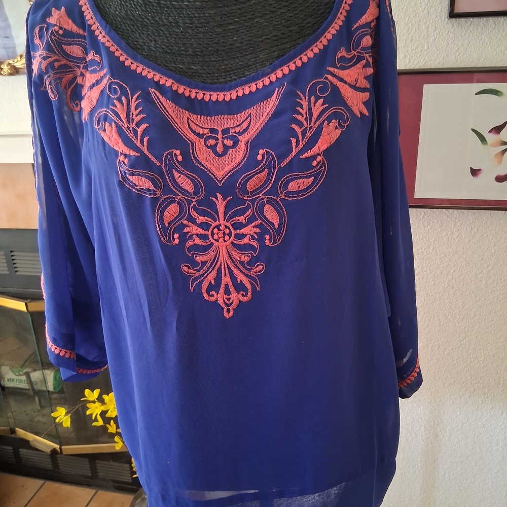 Blue Rain Royal Blue Blouse with Coral Embroidery